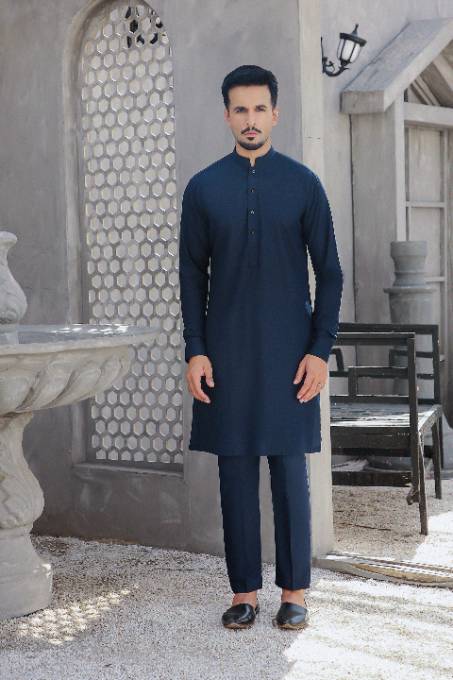 Navy Blue Wash & Wear Kurta Set (2-Piece) - Image 1