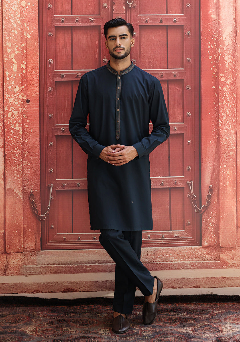 Navy Embroidered Poly Viscose Kurta Suit (2-Piece) - Image 1