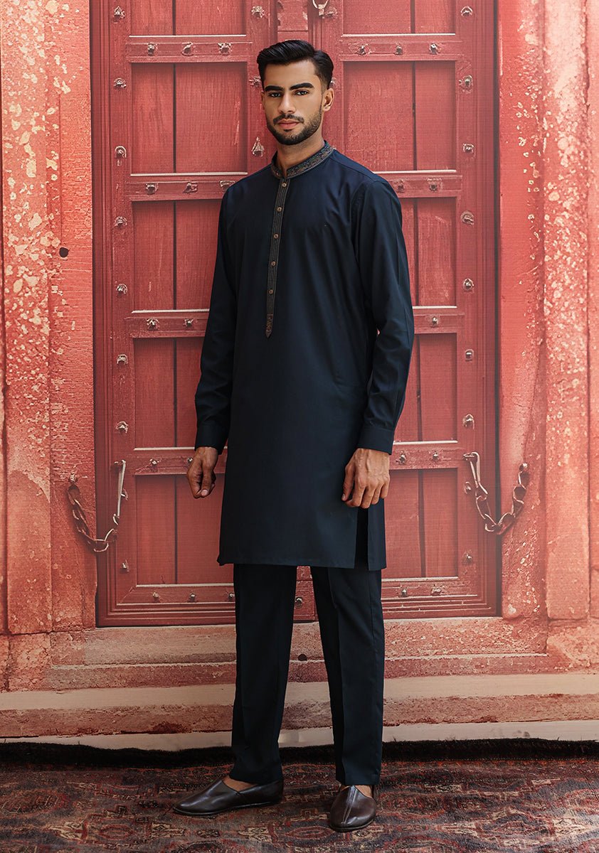 Navy Embroidered Poly Viscose Kurta Suit (2-Piece) - Image 2