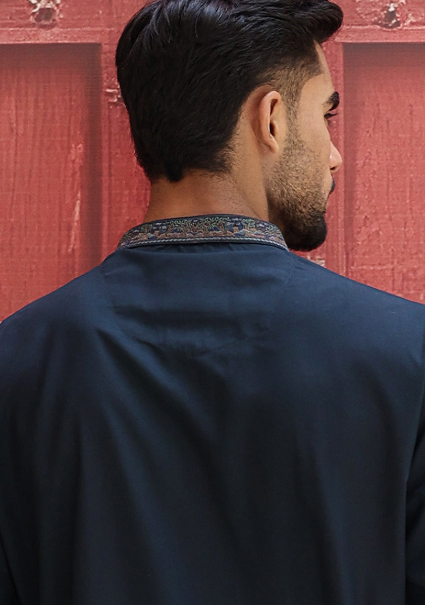 Navy Embroidered Poly Viscose Kurta Suit (2-Piece) - Image 3