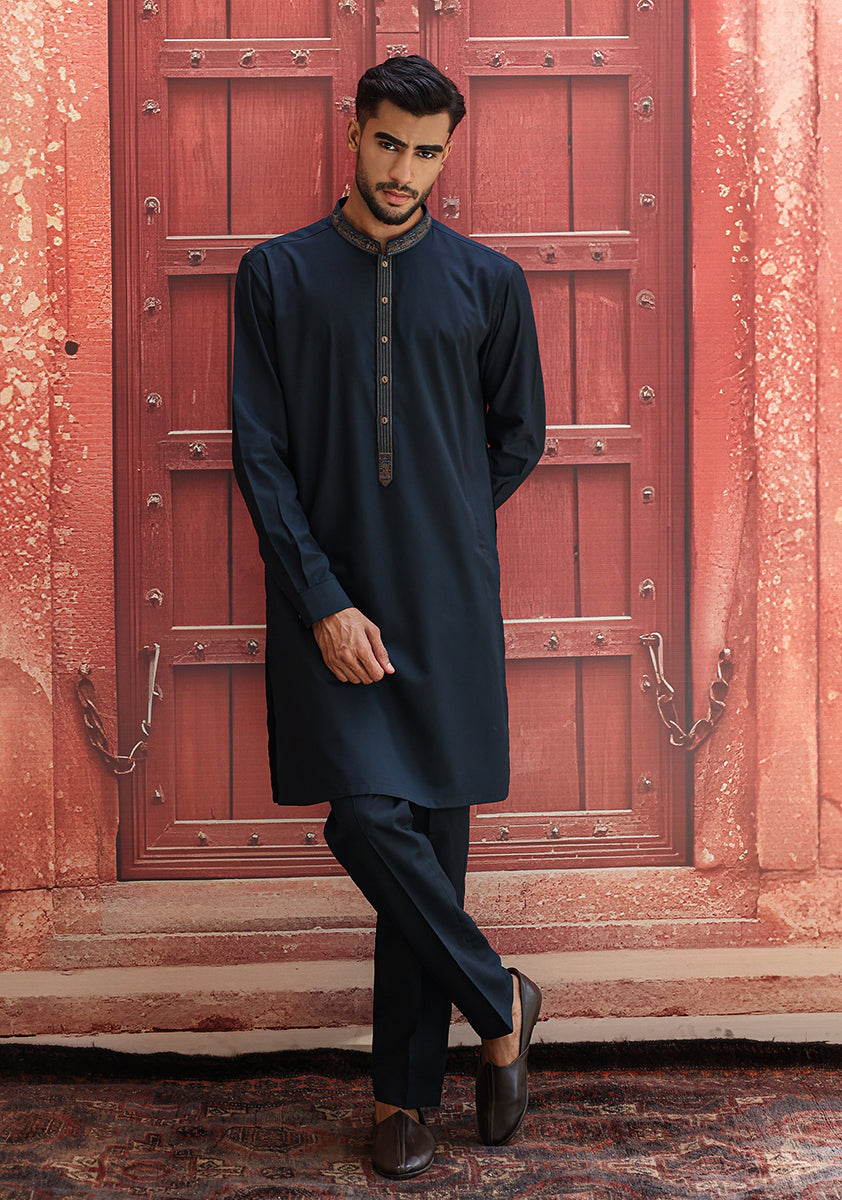 Navy Embroidered Poly Viscose Kurta Suit (2-Piece) - Image 4
