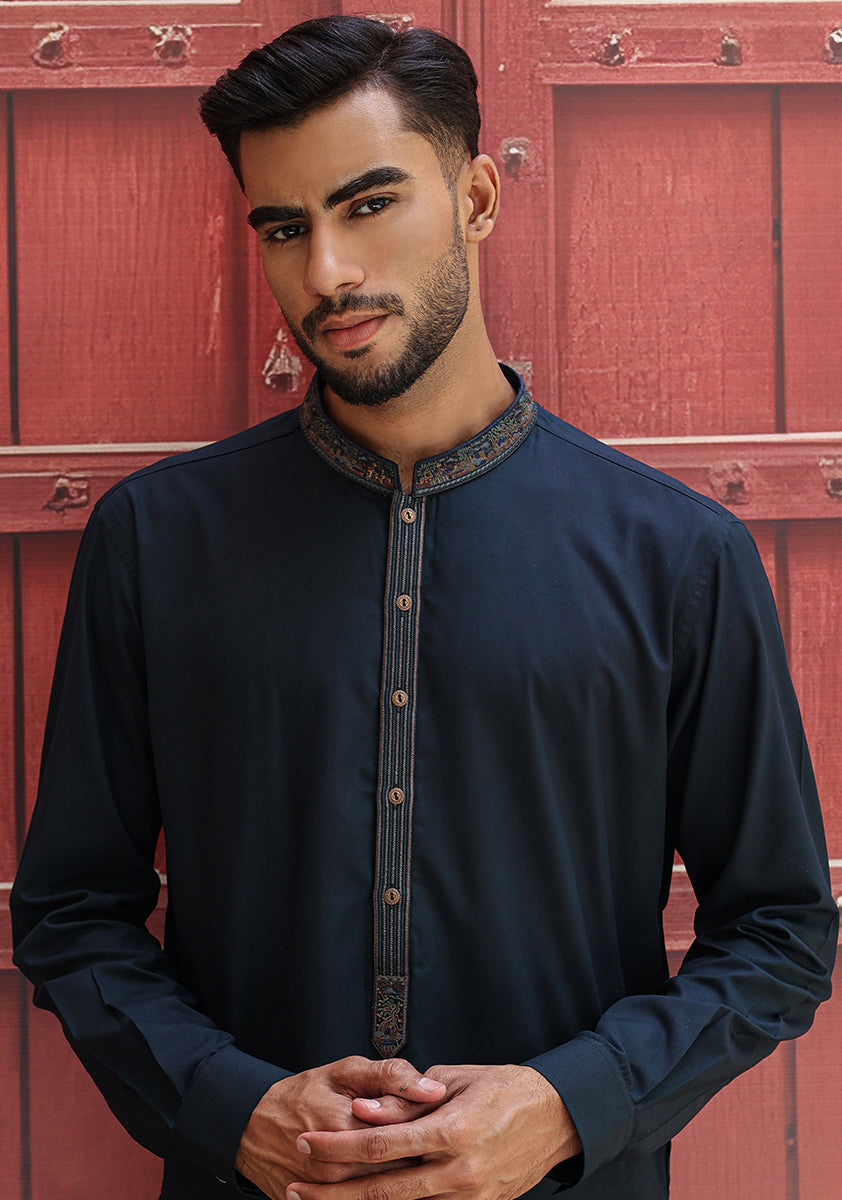 Navy Embroidered Poly Viscose Kurta Suit (2-Piece) - Image 5