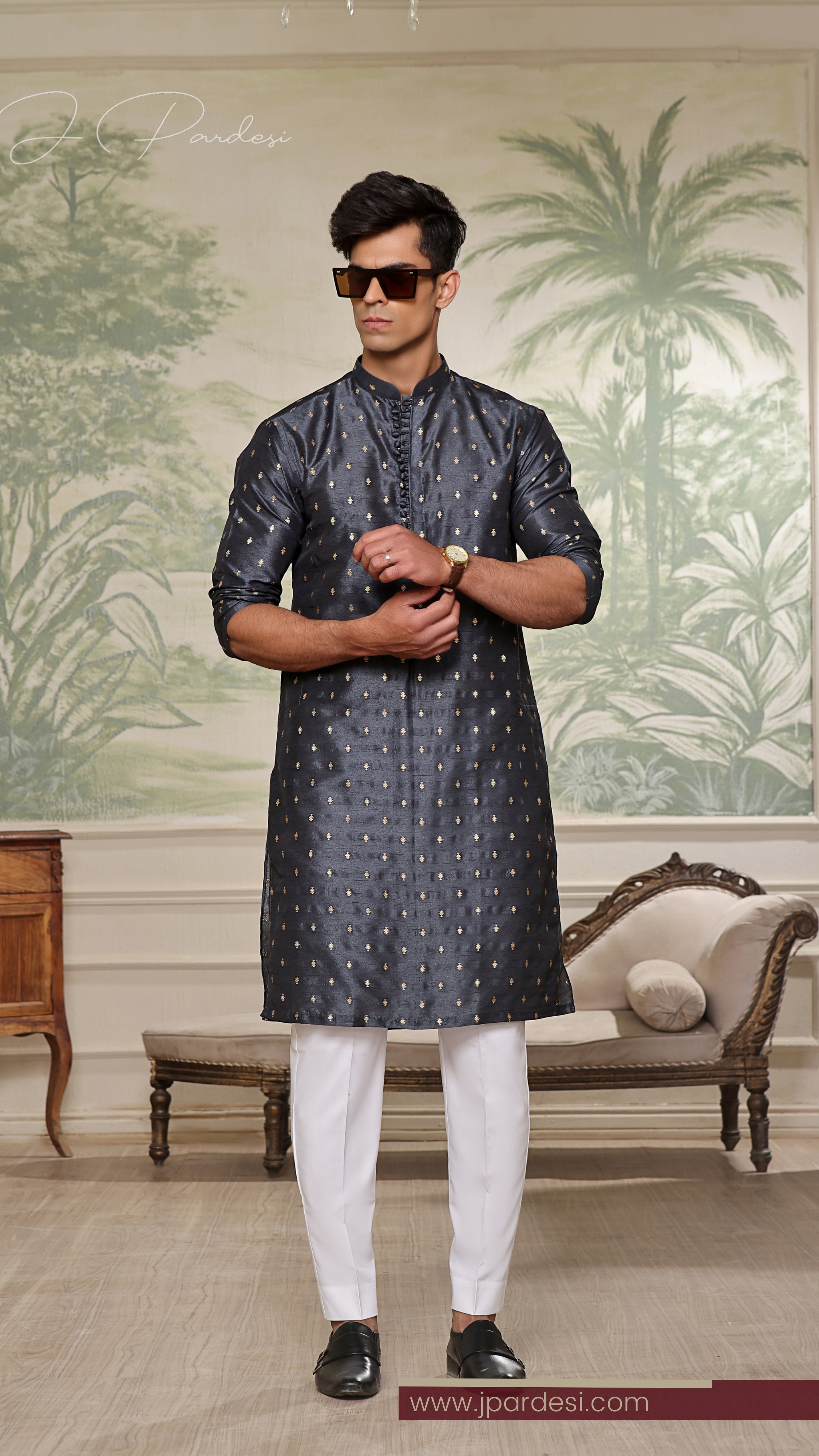 Navy Banarsi Boti Embroidered Raw Silk Kurta (2-Piece) - Image 1