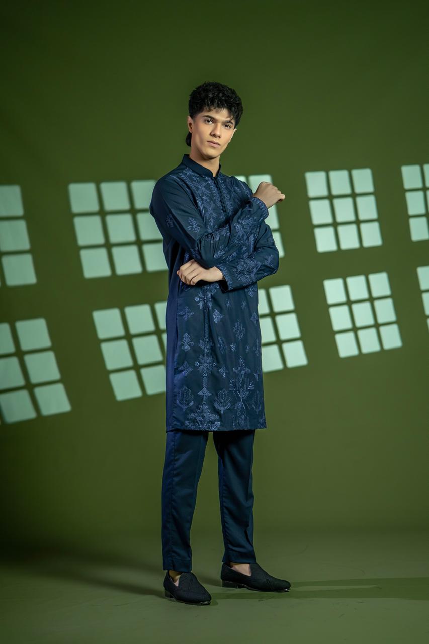 Navy Blue Embroidered Wash & Wear Kurta (2-Piece) - Image 1