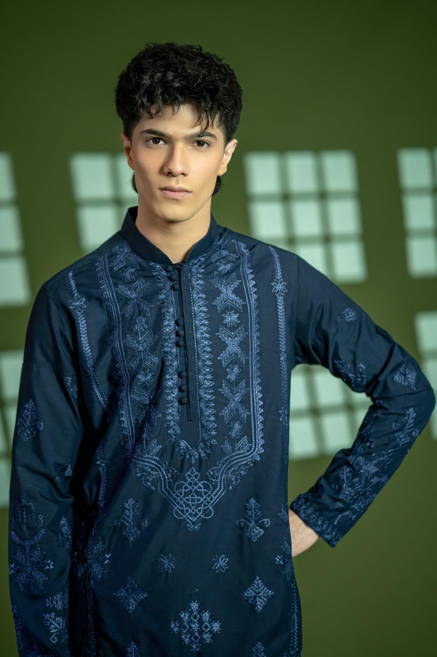 Navy Blue Embroidered Wash & Wear Kurta (2-Piece) - Image 2