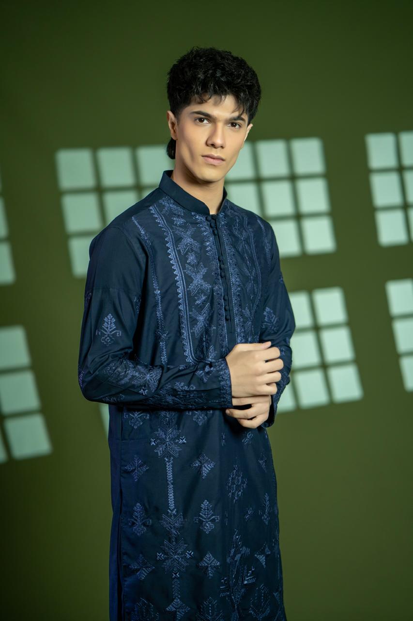 Navy Blue Embroidered Wash & Wear Kurta (2-Piece) - Image 3