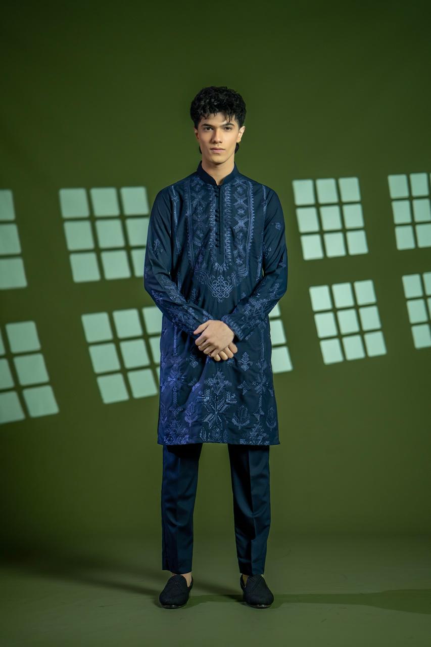Navy Blue Embroidered Wash & Wear Kurta (2-Piece) - Image 5