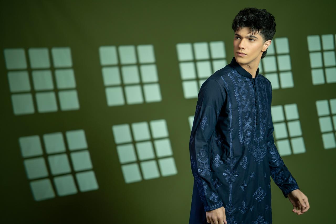 Navy Blue Embroidered Wash & Wear Kurta (2-Piece) - Image 6