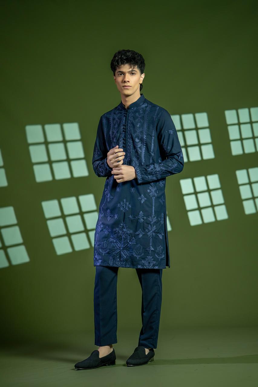 Navy Blue Embroidered Wash & Wear Kurta (2-Piece) - Image 7