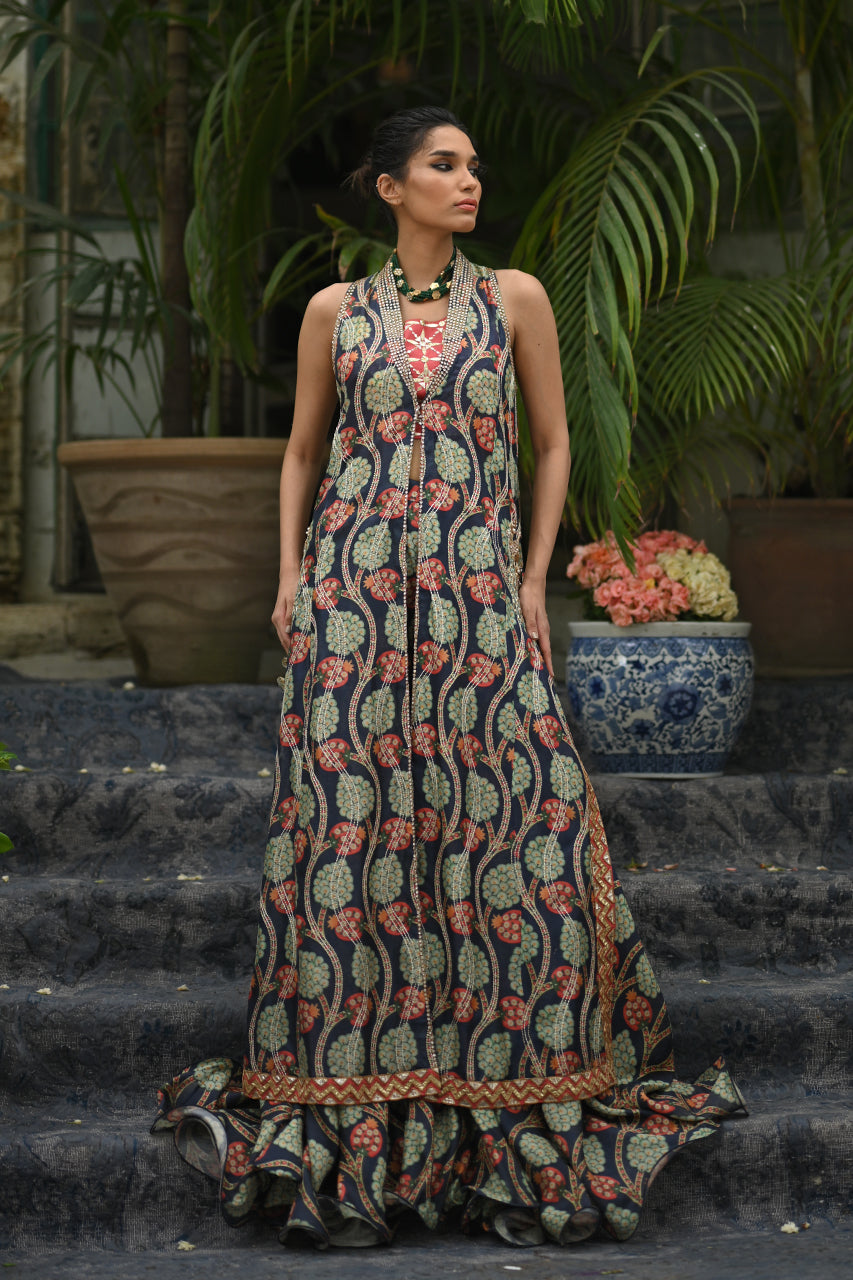 Navy Gota Khaddi Silk Lehenga Set (3-Piece) - Image 2