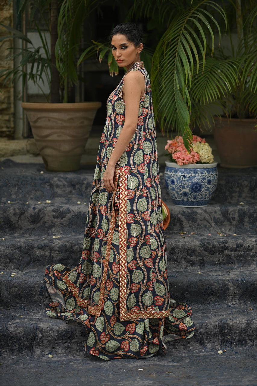 Pakistani Navy & Clementine Embellished Khaddi Silk Lehenga (3-Piece) - Image 3