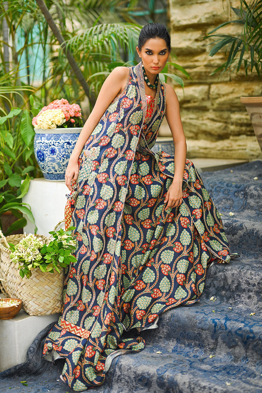 Pakistani Navy & Clementine Embellished Khaddi Silk Lehenga (3-Piece) - Image 8