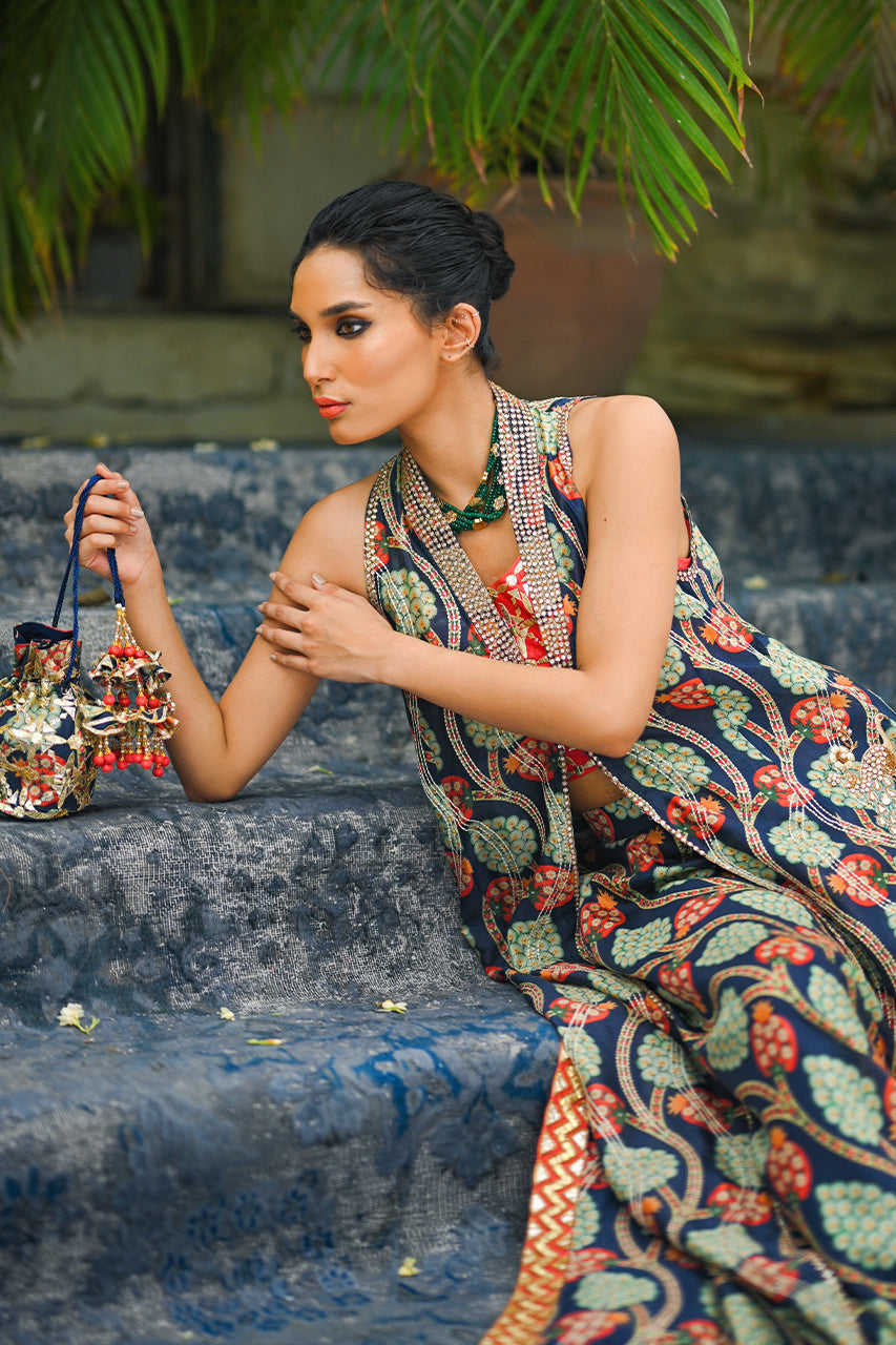 Pakistani Navy & Clementine Embellished Khaddi Silk Lehenga (3-Piece) - Image 9