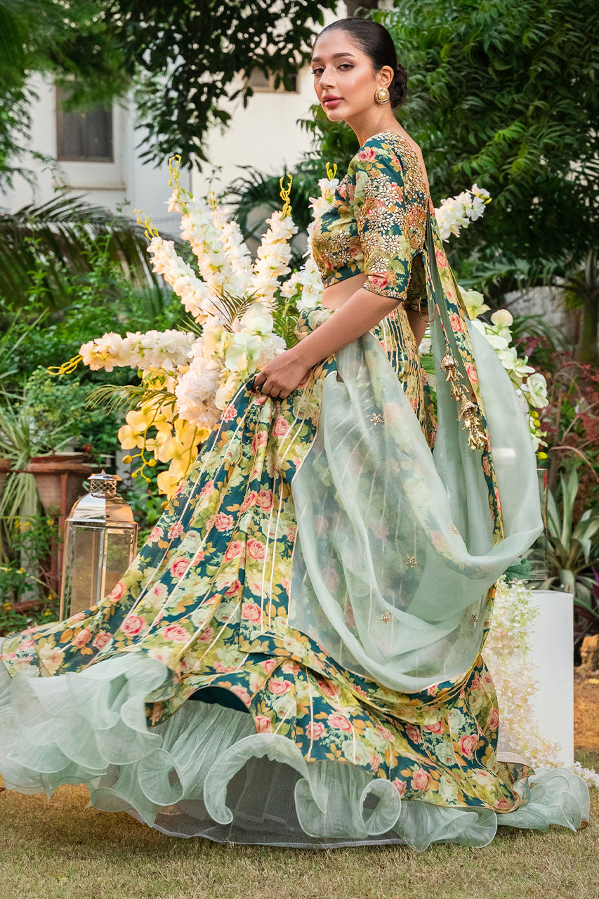 Pakistani Navy Blue Gota Khaddi Silk Lehenga (3-Piece) - Image 3