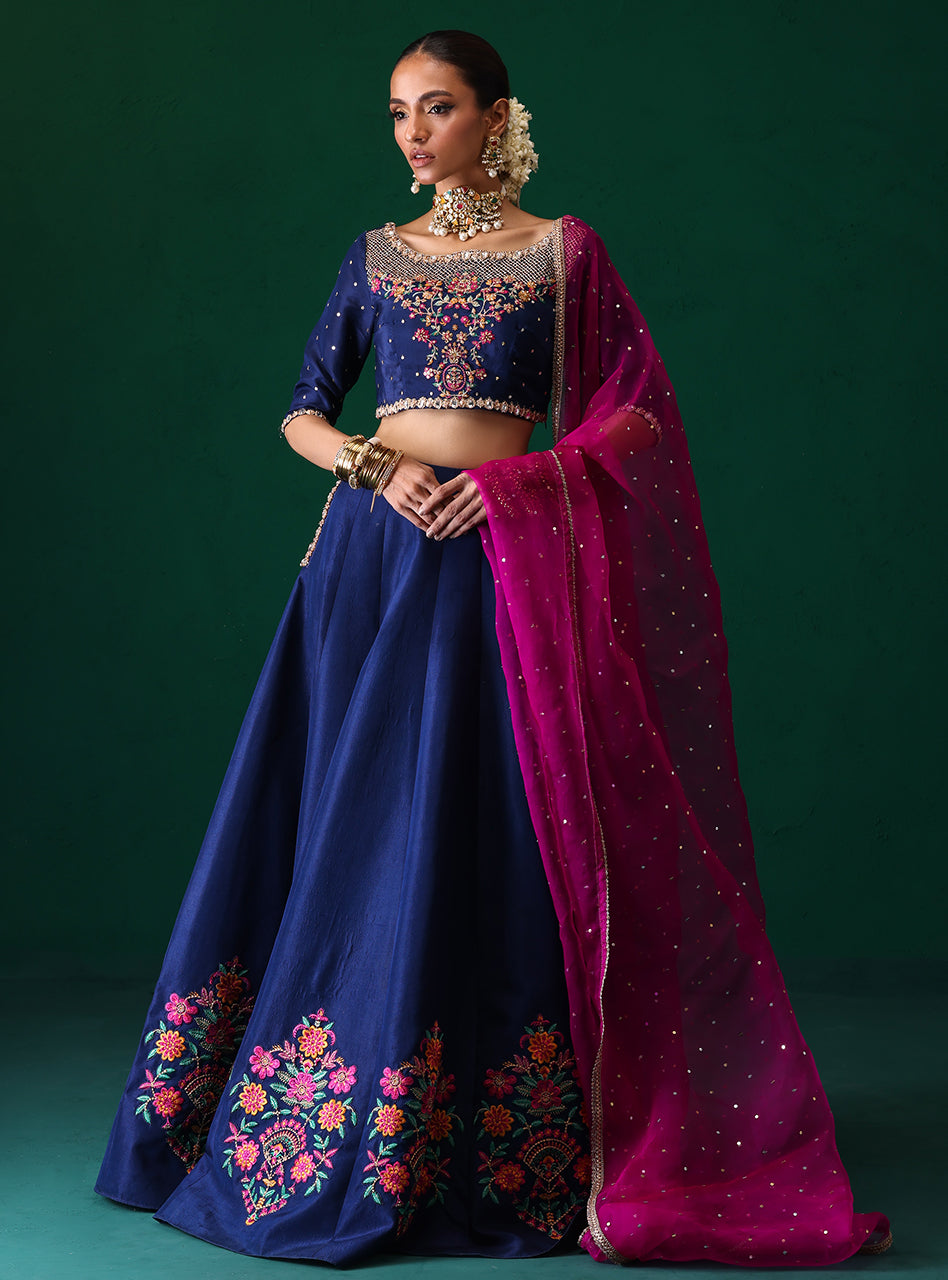 Pakistani Navy Embroidered Raw Silk Lehenga Set (3-Piece) - Image 1