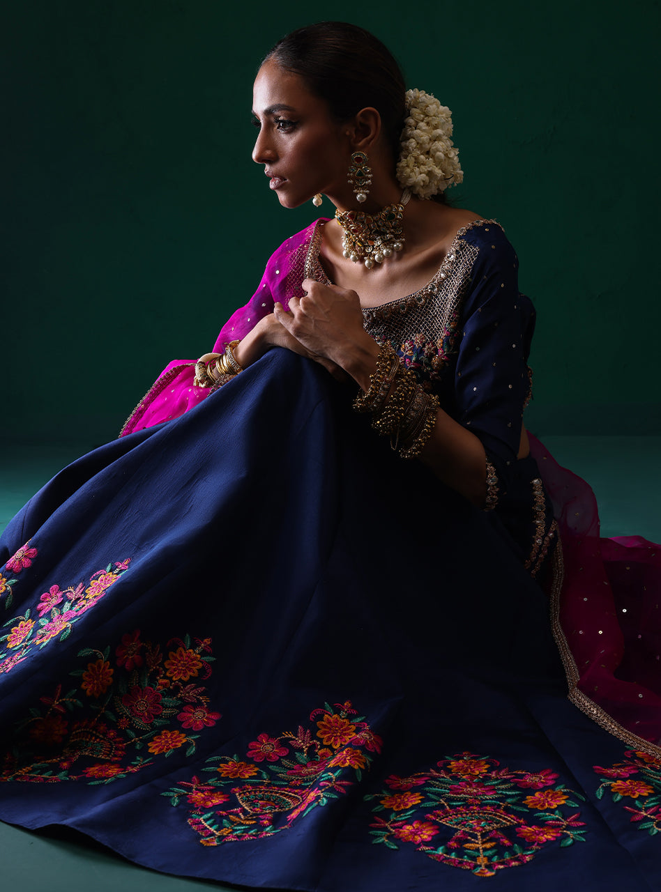 Pakistani Navy Embroidered Raw Silk Lehenga Set (3-Piece) - Image 12
