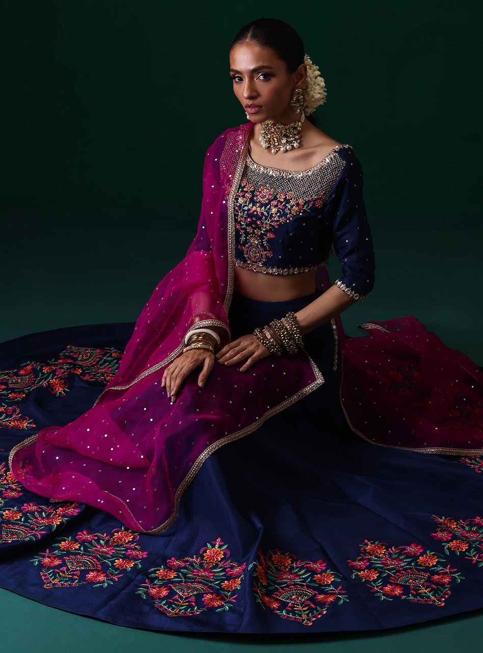 Pakistani Navy Embroidered Raw Silk Lehenga Set (3-Piece) - Image 13