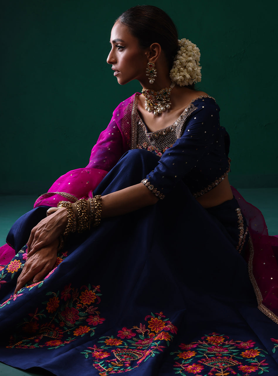 Pakistani Navy Embroidered Raw Silk Lehenga Set (3-Piece) - Image 15