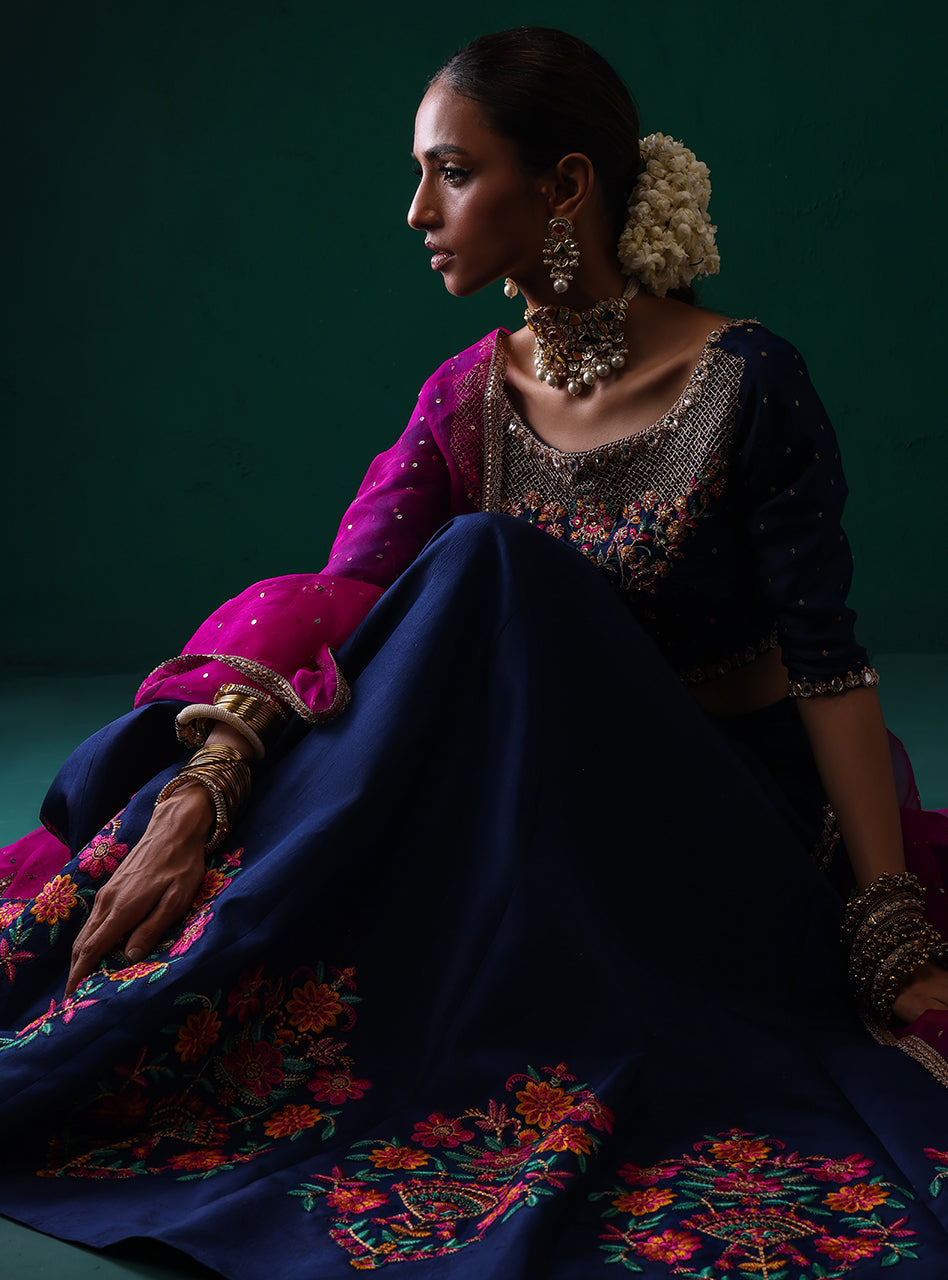 Pakistani Navy Embroidered Raw Silk Lehenga Set (3-Piece) - Image 16