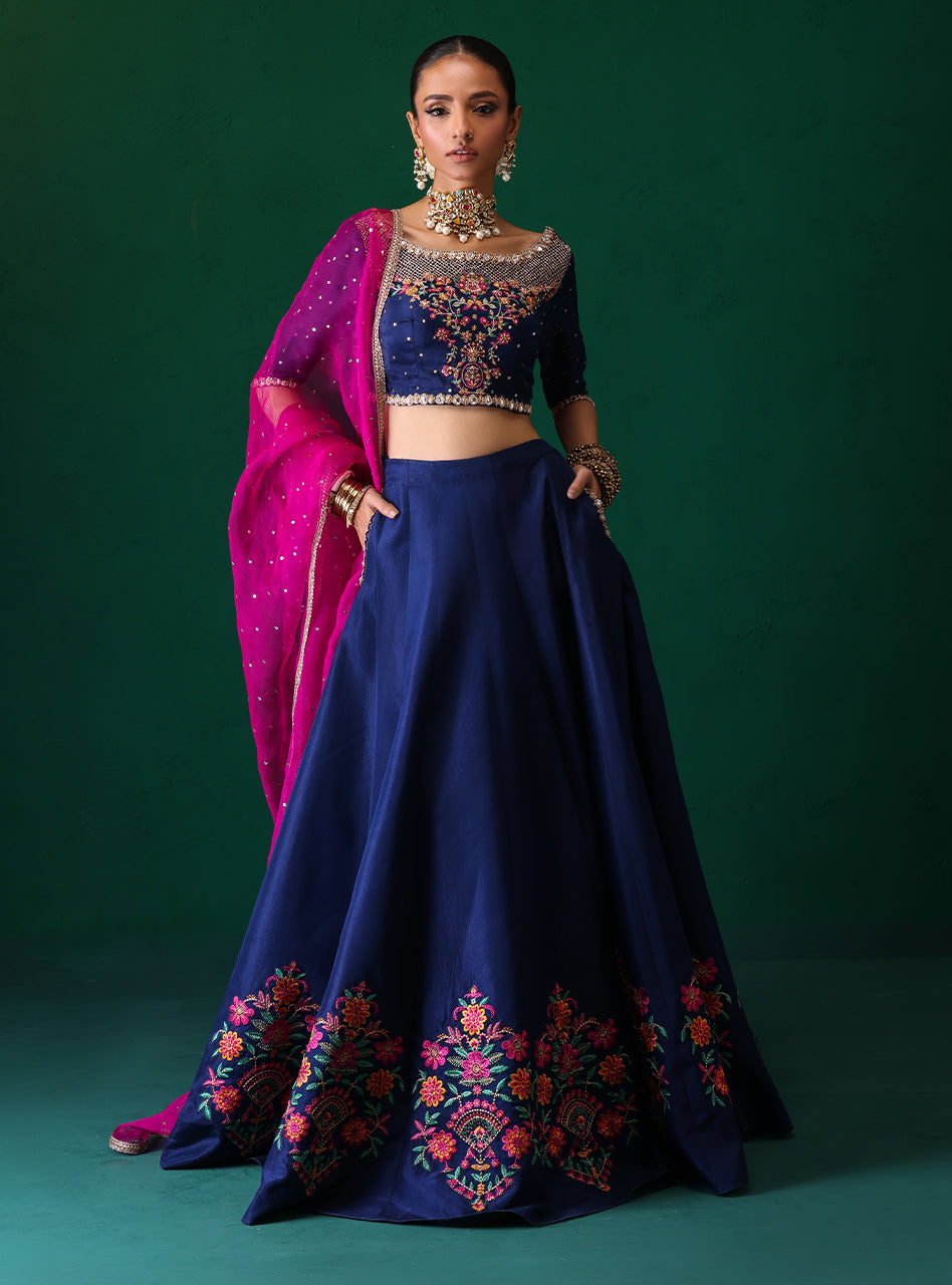 Pakistani Navy Embroidered Raw Silk Lehenga Set (3-Piece) - Image 3