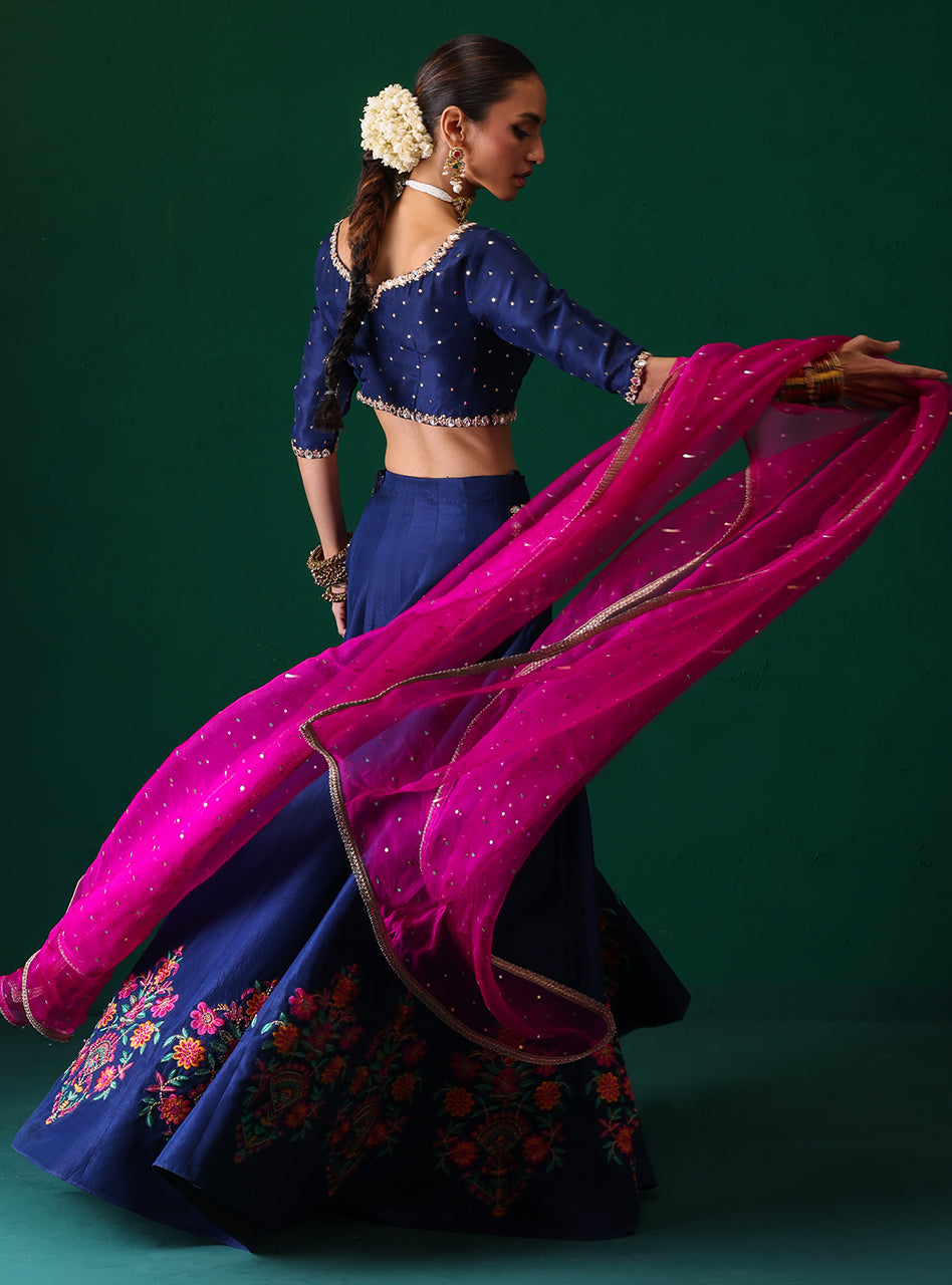 Pakistani Navy Embroidered Raw Silk Lehenga Set (3-Piece) - Image 8