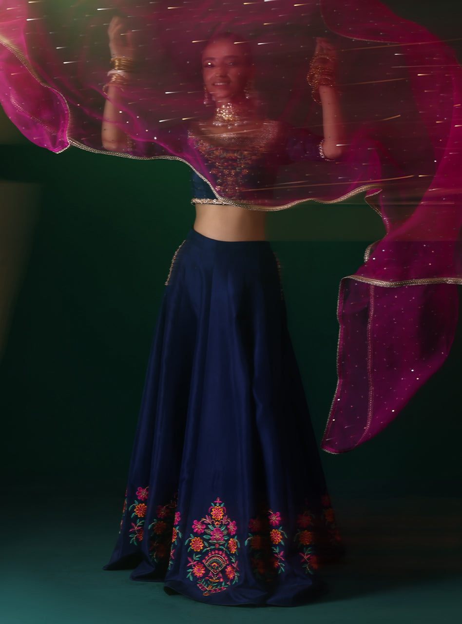 Pakistani Navy Embroidered Rawsilk & Organza Lehenga (3-Piece) - Image 10