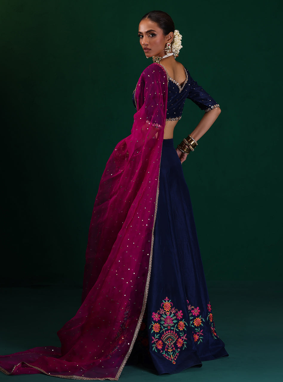 Pakistani Navy Embroidered Rawsilk & Organza Lehenga (3-Piece) - Image 11