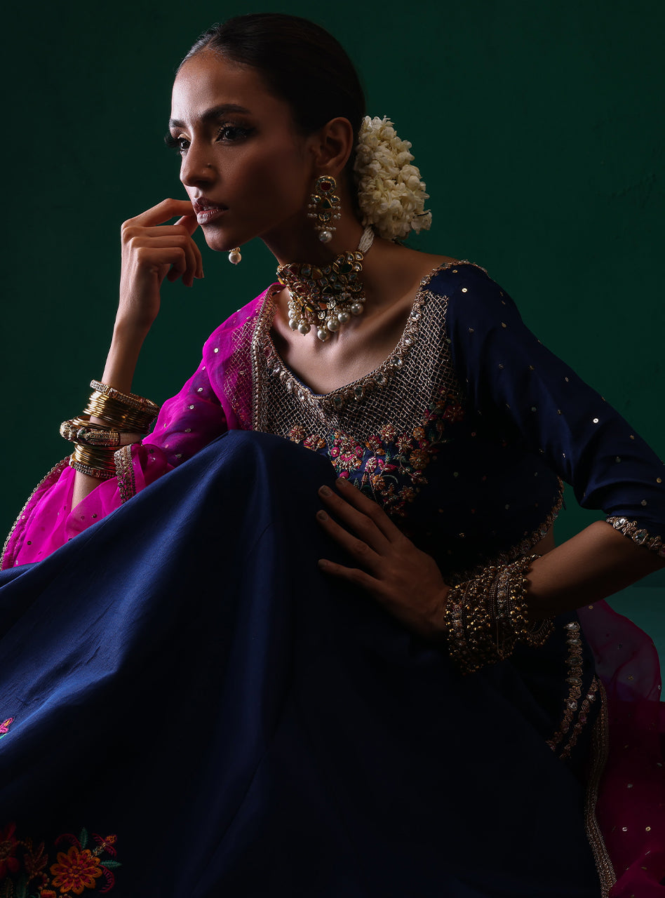 Pakistani Navy Embroidered Rawsilk & Organza Lehenga (3-Piece) - Image 14