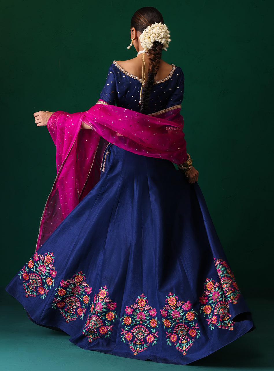 Pakistani Navy Embroidered Rawsilk & Organza Lehenga (3-Piece) - Image 2