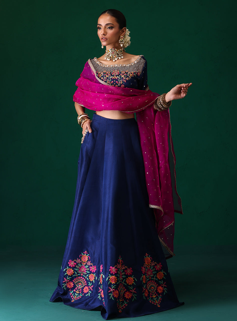 Pakistani Navy Embroidered Rawsilk & Organza Lehenga (3-Piece) - Image 4