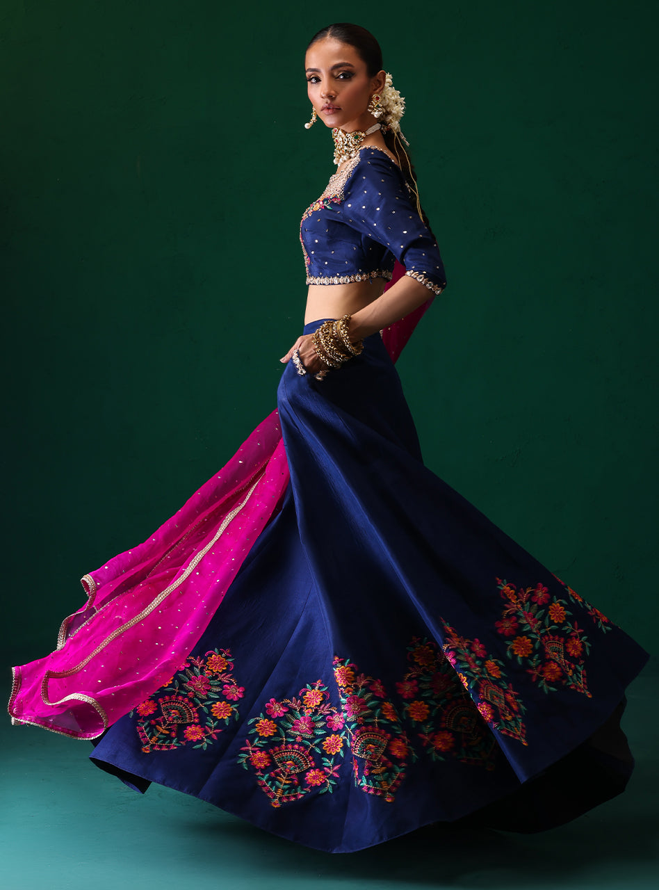 Pakistani Navy Embroidered Rawsilk & Organza Lehenga (3-Piece) - Image 6