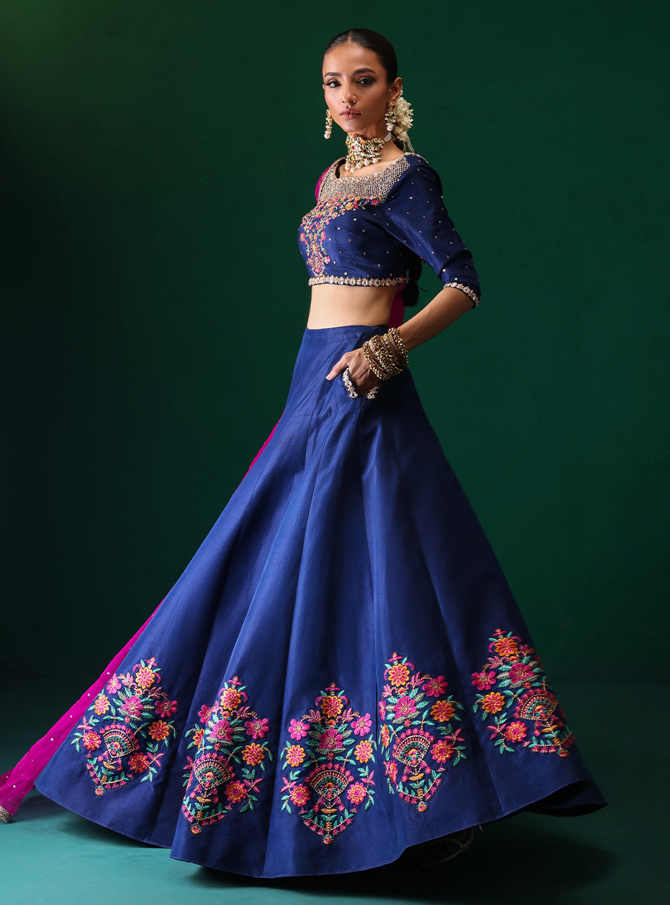 Pakistani Navy Embroidered Rawsilk & Organza Lehenga (3-Piece) - Image 7