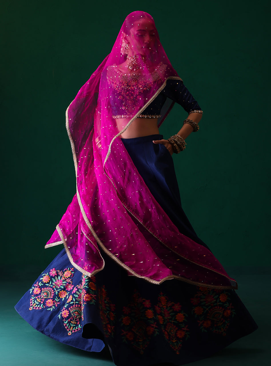 Pakistani Navy Embroidered Rawsilk & Organza Lehenga (3-Piece) - Image 8