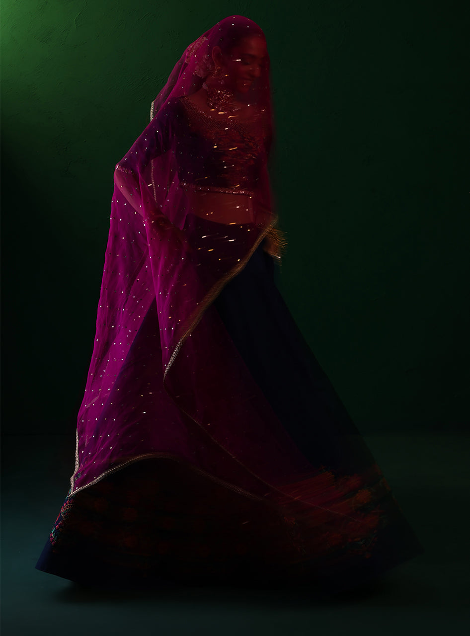 Pakistani Navy Embroidered Rawsilk & Organza Lehenga (3-Piece) - Image 9