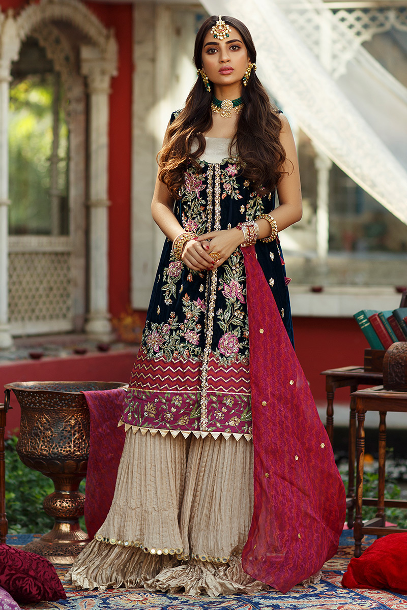 Navy Embroidered Velvet Long Shirt Lehenga (3-Piece) - Image 1