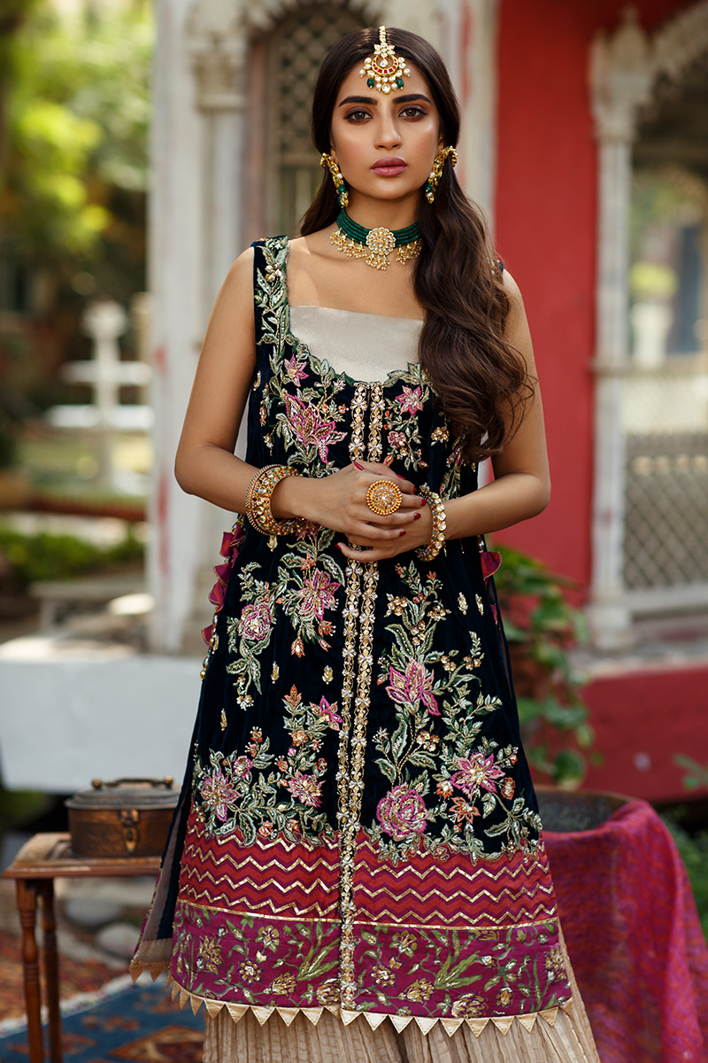 Navy Embroidered Velvet Long Shirt Lehenga (3-Piece) - Image 6