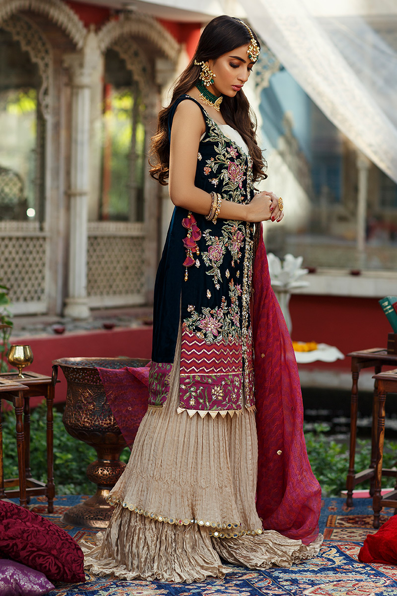 Navy Embroidered Velvet Long Shirt Lehenga (3-Piece) - Image 7