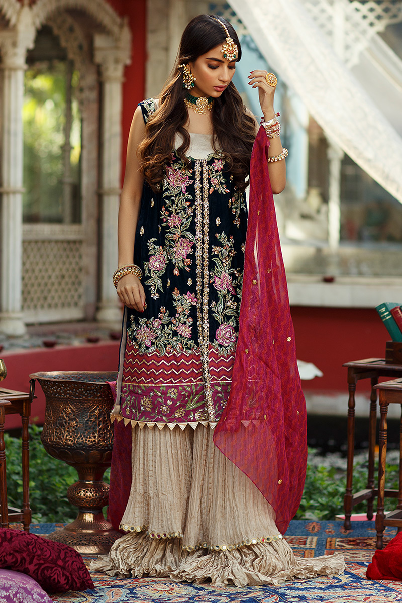 Navy Embroidered Velvet Long Shirt Lehenga (3-Piece) - Image 8