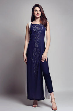 Pakistani Navy Blue Cutwork Georgette Chiffon Maxi Tunic (3-Piece) - Image 1