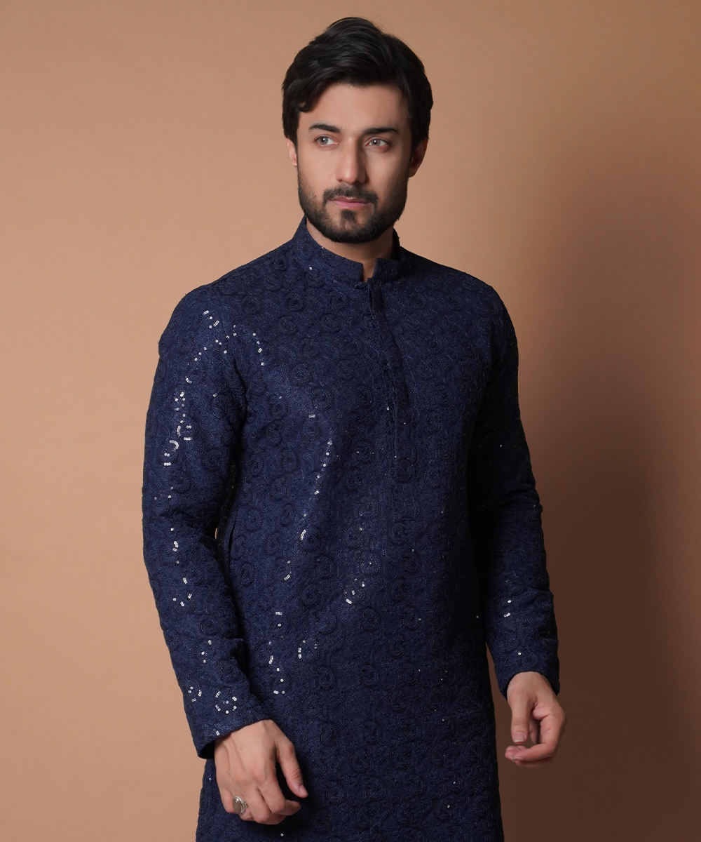 Navy Blue Resham & Sequin Embroidered Kurta (2-Piece) - Image 1