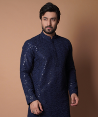 Navy Blue Resham & Sequin Embroidered Kurta (2-Piece) - Image 2