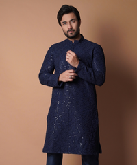 Navy Blue Resham & Sequin Embroidered Kurta (2-Piece) - Image 3
