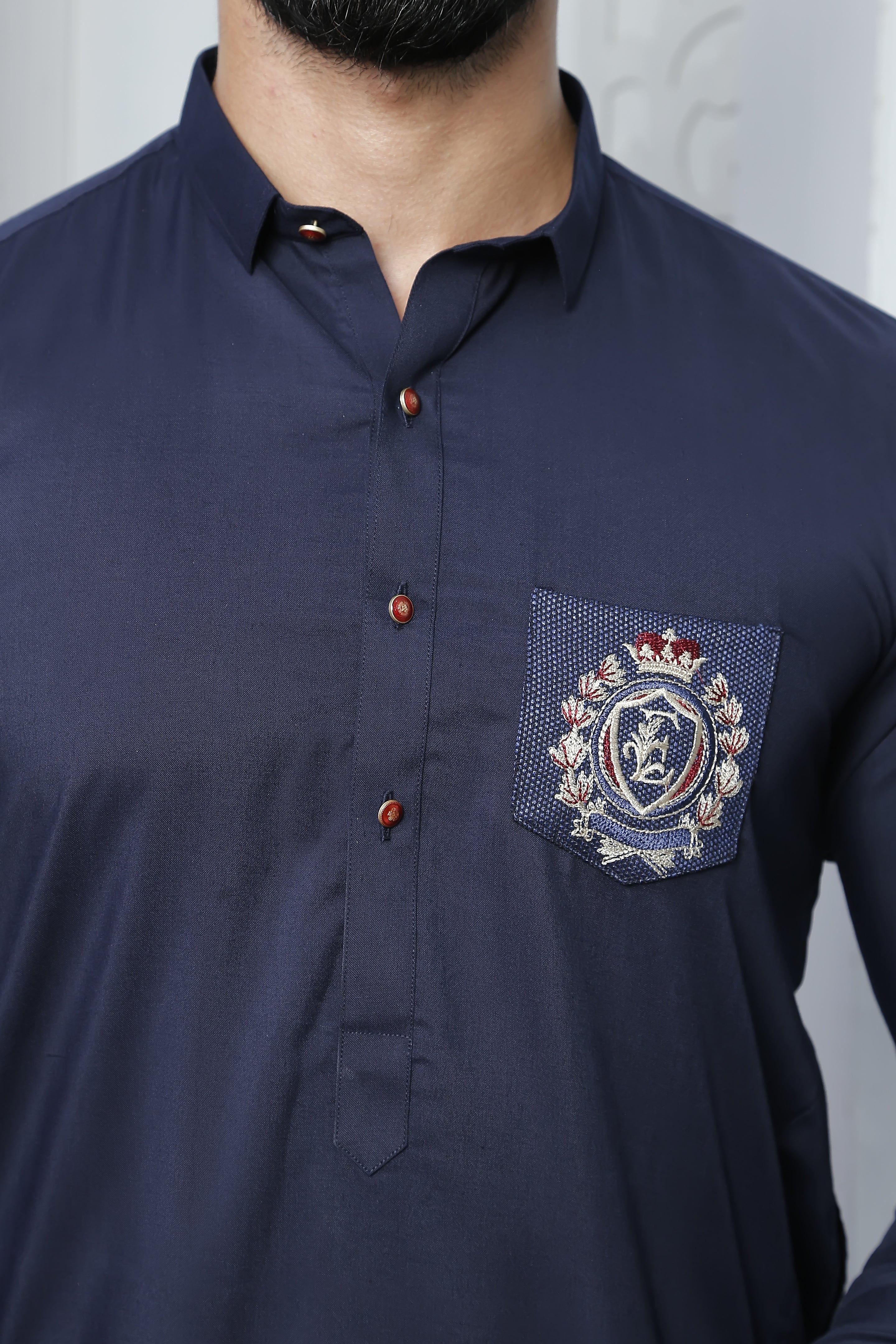Navy Blue Embroidered Cotton-Blend Kurta Pajama (2-Piece) - Image 4