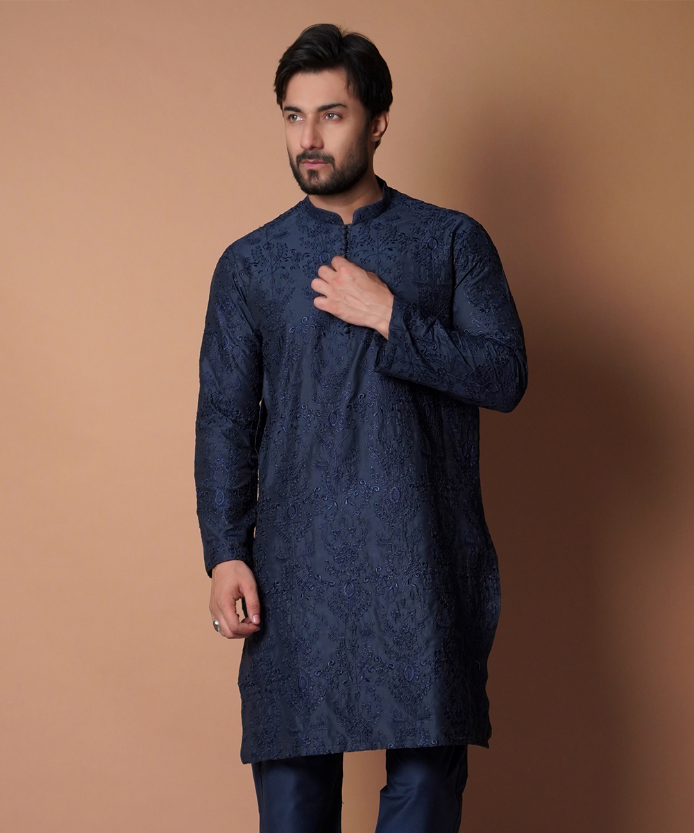 Navy Blue Chikankari Cotton Kurta Pyjama (2-Piece) - Image 1