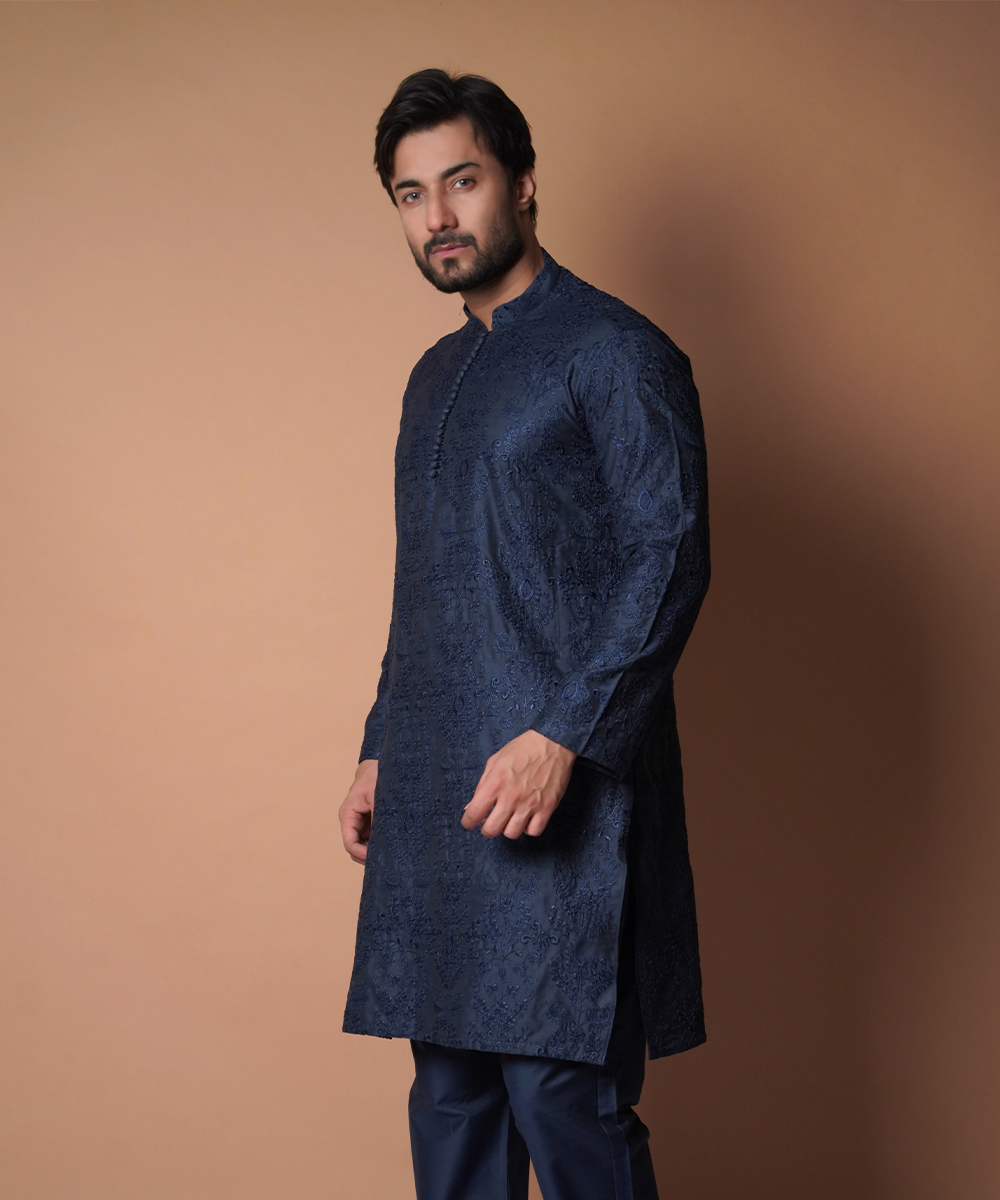 Navy Blue Chikankari Cotton Kurta Pyjama (2-Piece) - Image 2