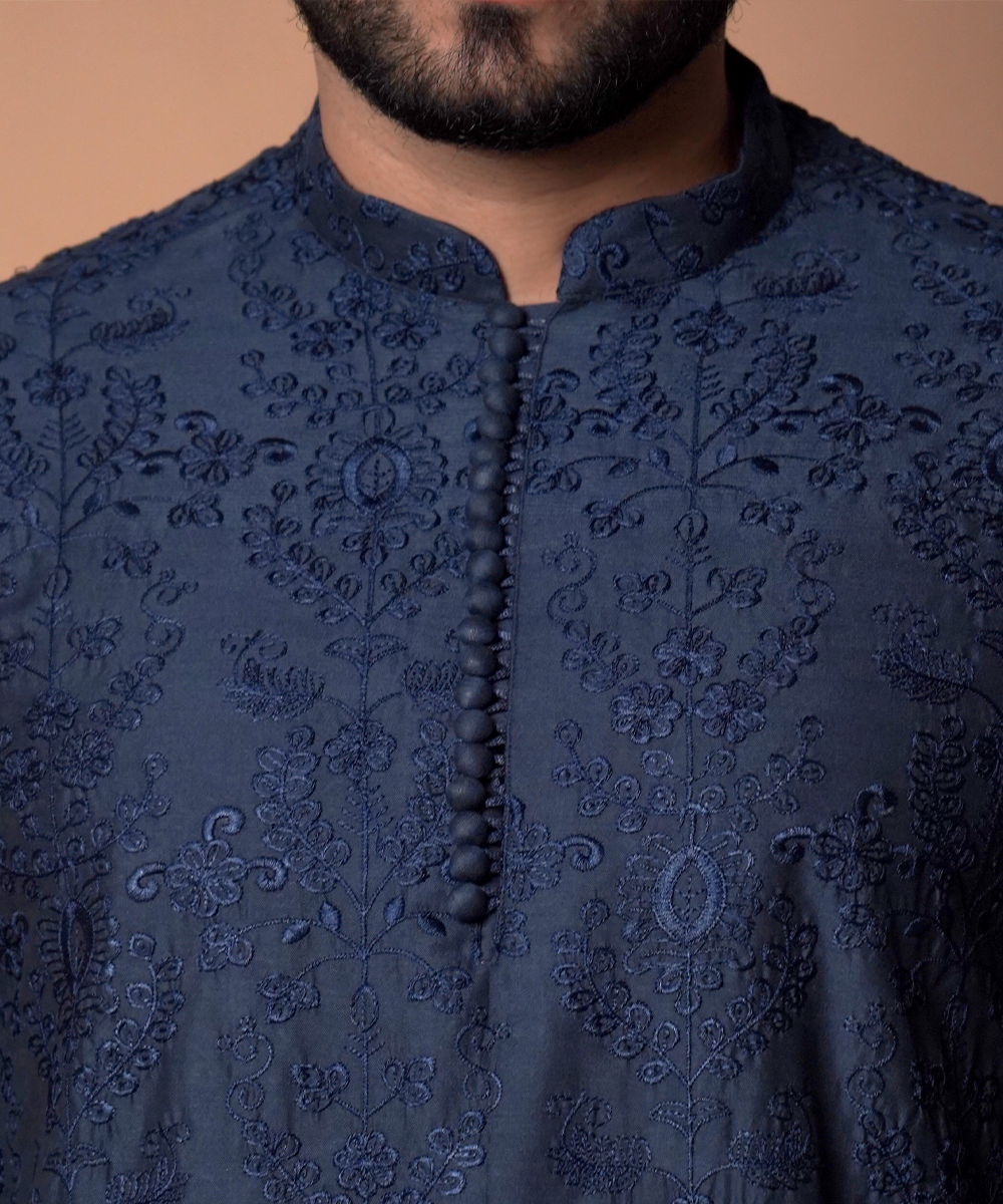 Navy Blue Chikankari Cotton Kurta Pyjama (2-Piece) - Image 3