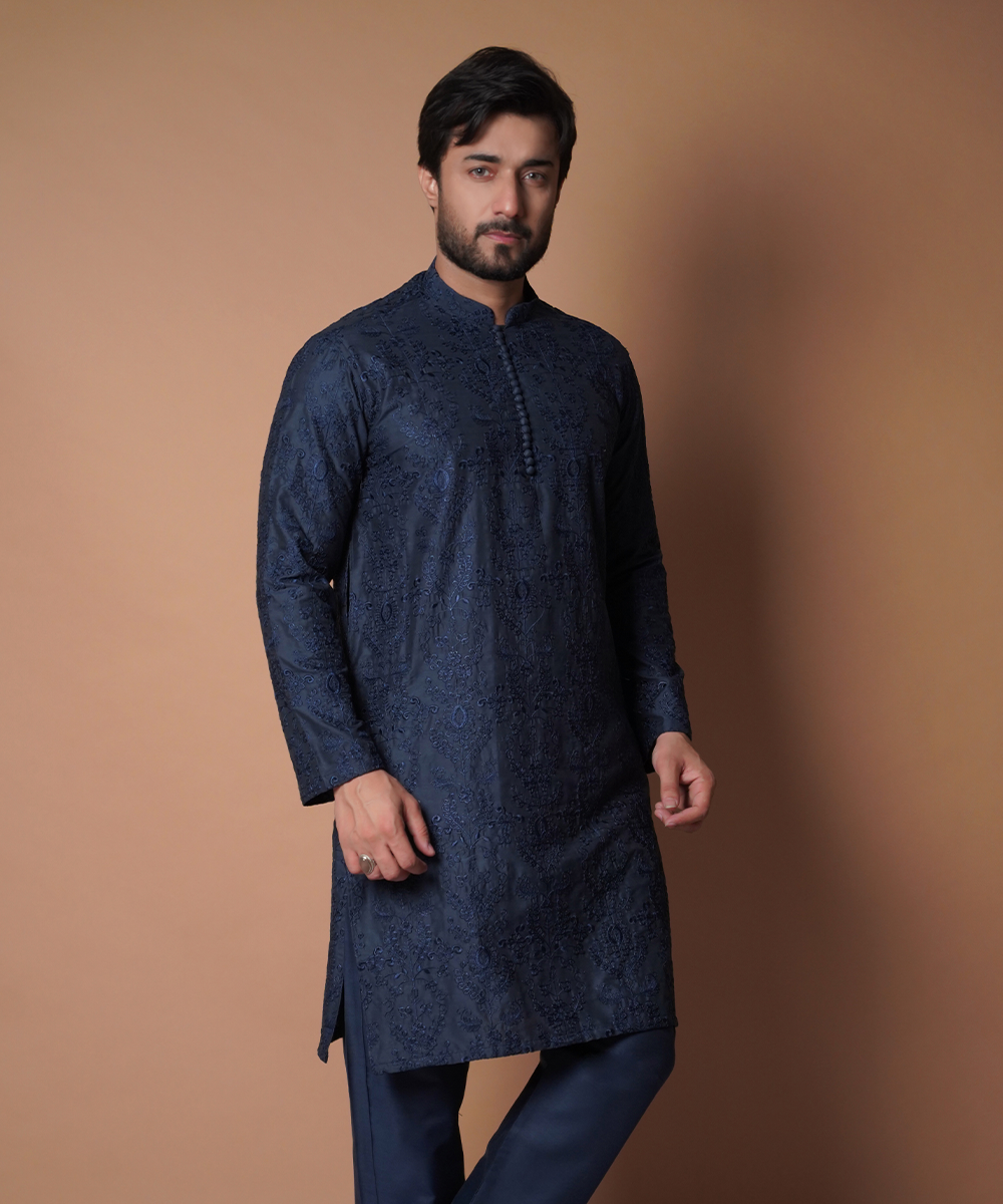 Navy Blue Chikankari Cotton Kurta Pyjama (2-Piece) - Image 4