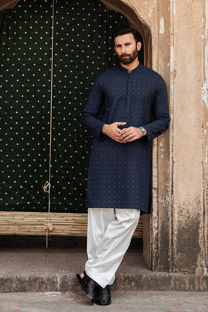 Navy Blue Chikankari Cotton Kurta (2-Piece) - Image 1