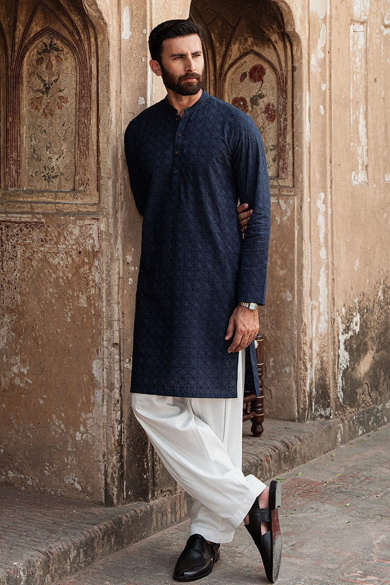 Navy Blue Chikankari Cotton Kurta (2-Piece) - Image 4