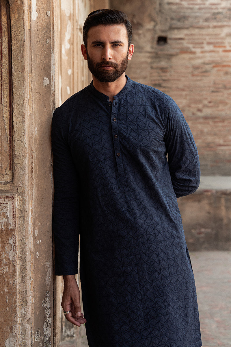 Navy Blue Chikankari Cotton Kurta (2-Piece) - Image 8